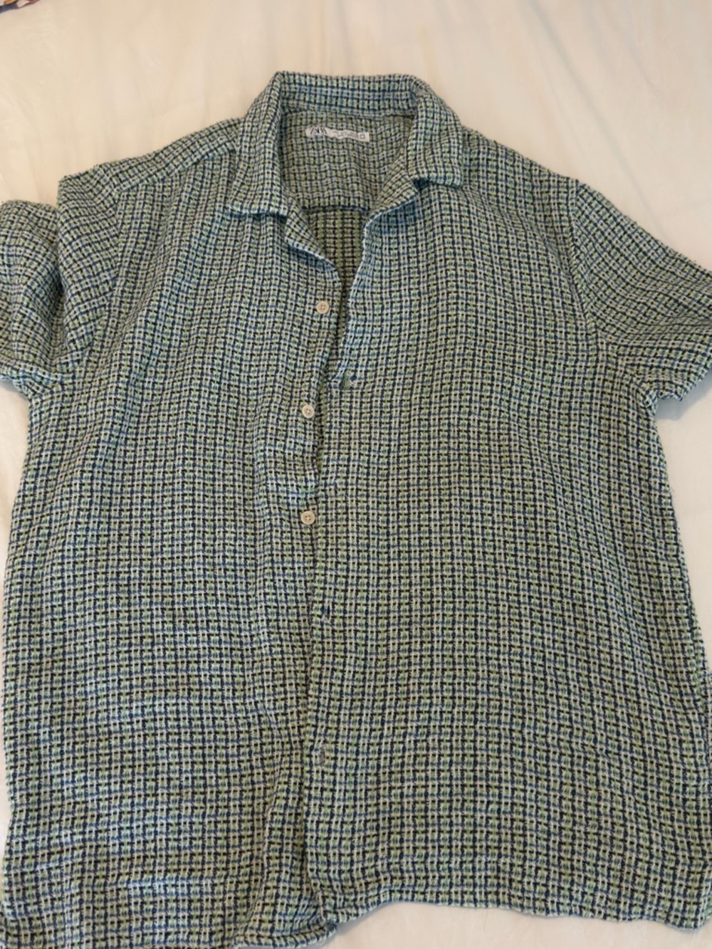 Zara Men's Short-Sleeve Button Shirt in Blue-Green Grid